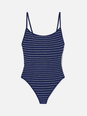 Cecille String one-piece swimsuit in blue and white striped crinkle fabric