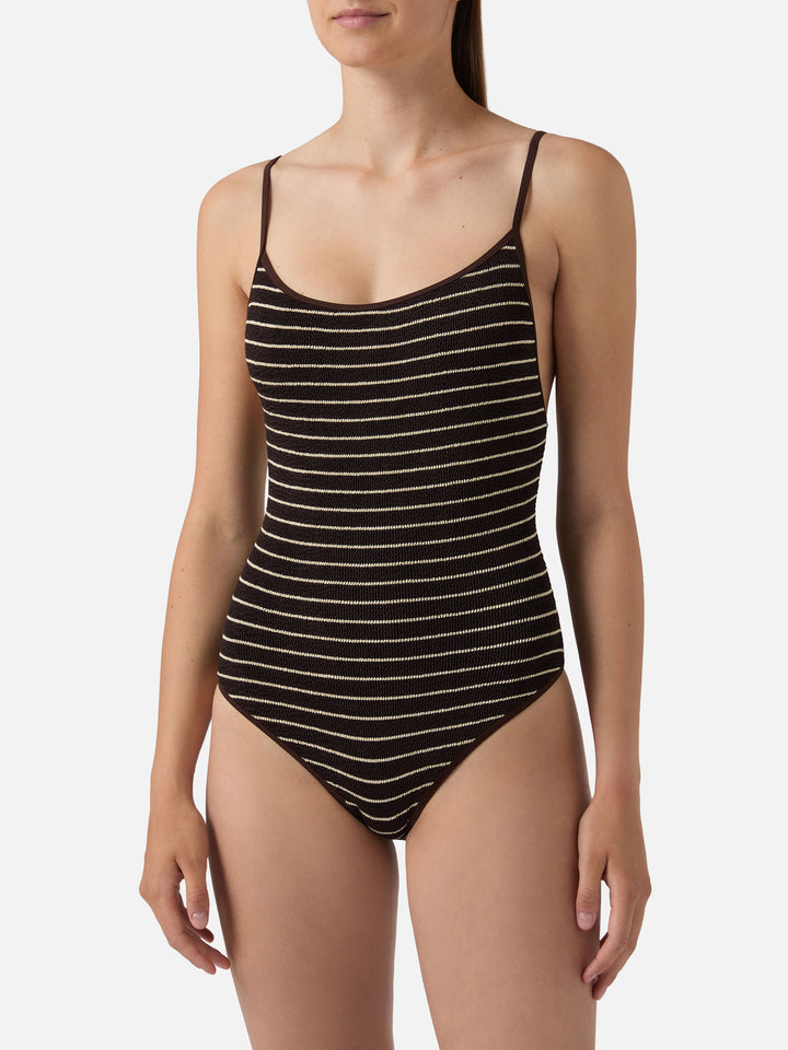 Cecille String one-piece swimsuit in brown and white striped crinkle fabric