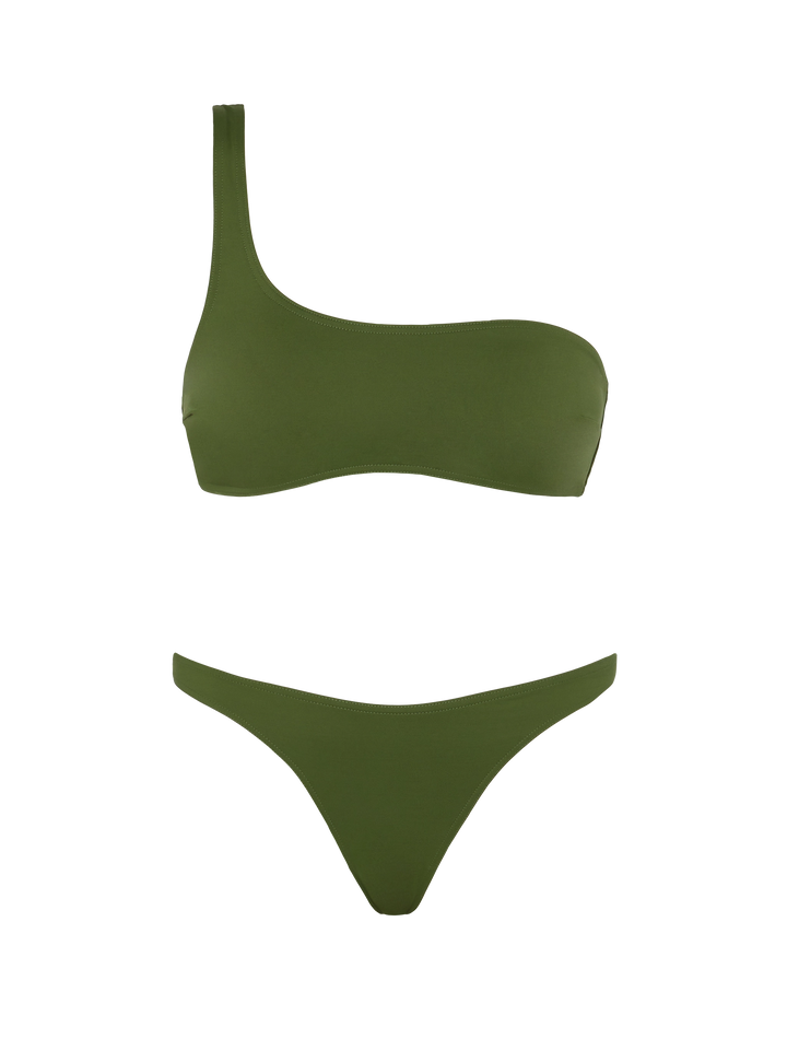 Celestine Lido military green bikini with one-shoulder bralette top and classic briefs