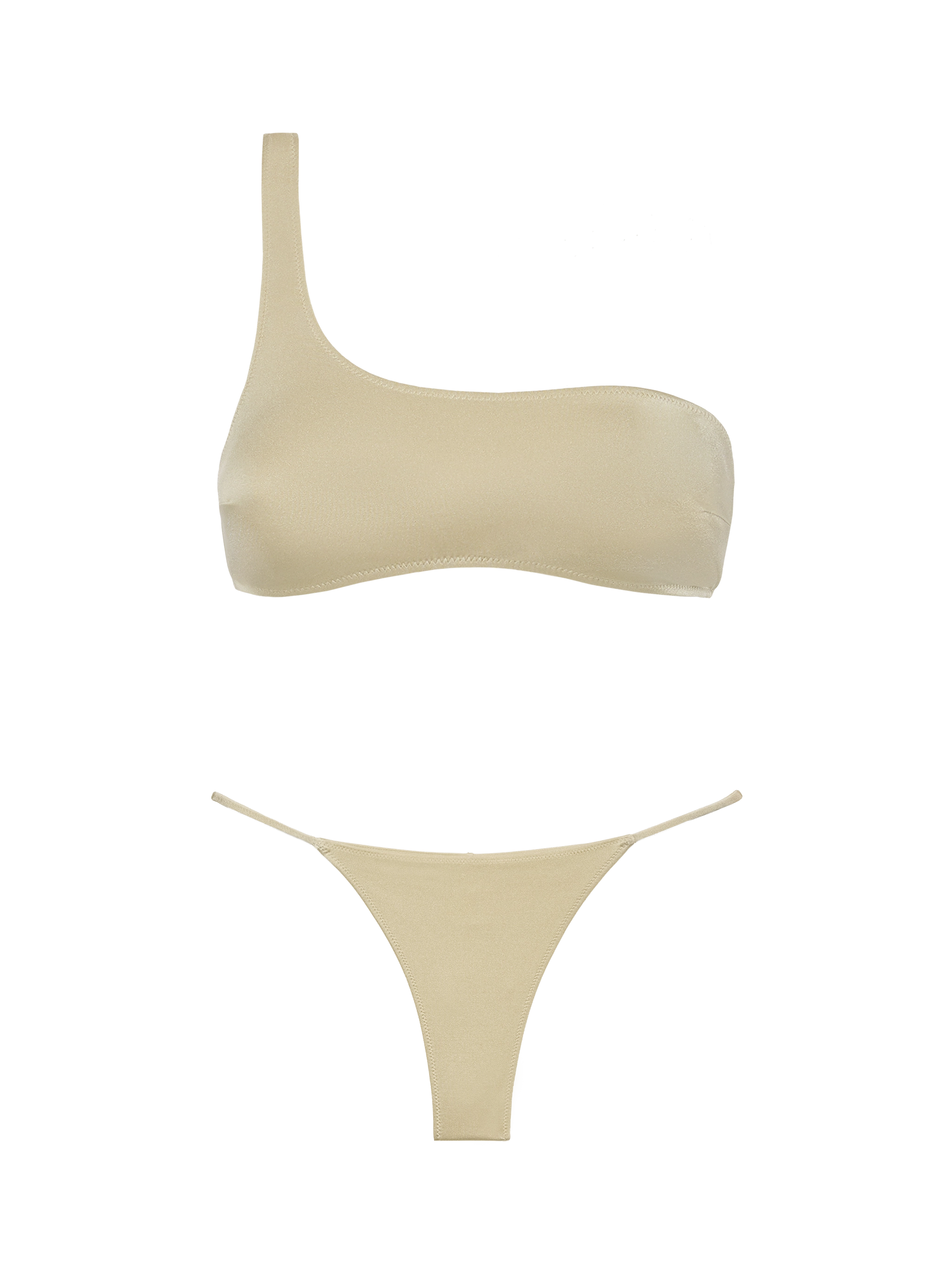 Jodene shimmer gold cheeky swim briefs - Celestine shimmer gold one-shoulder bralette top - MC2 Saint Barth