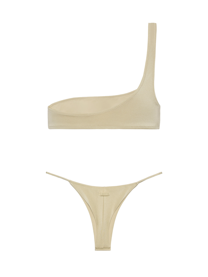 Jodene shimmer gold cheeky swim briefs - Celestine shimmer gold one-shoulder bralette top - MC2 Saint Barth