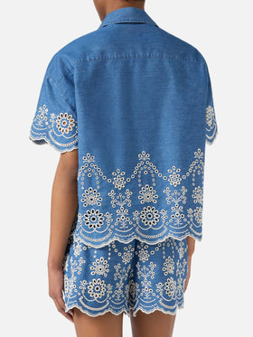 Clementine short-sleeve chambray shirt with floral embroidery
