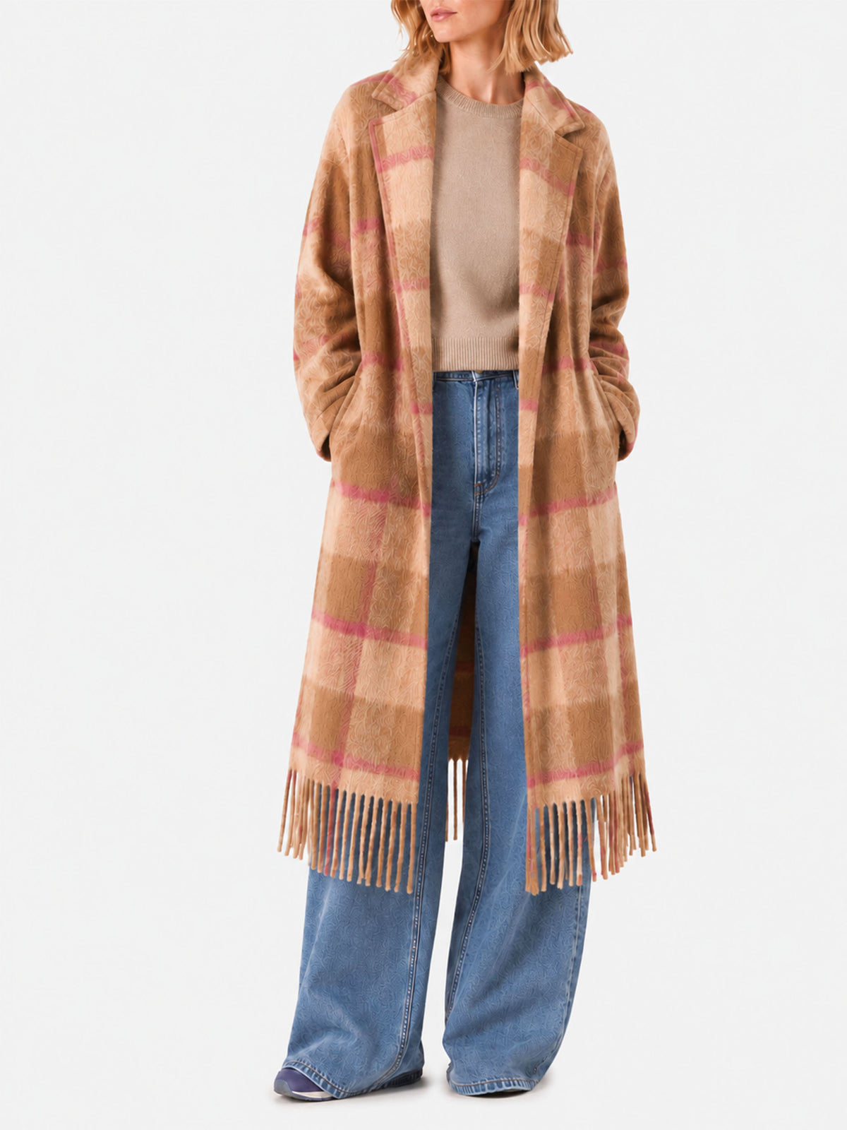Brown Charlot long coat with fringes and check pattern