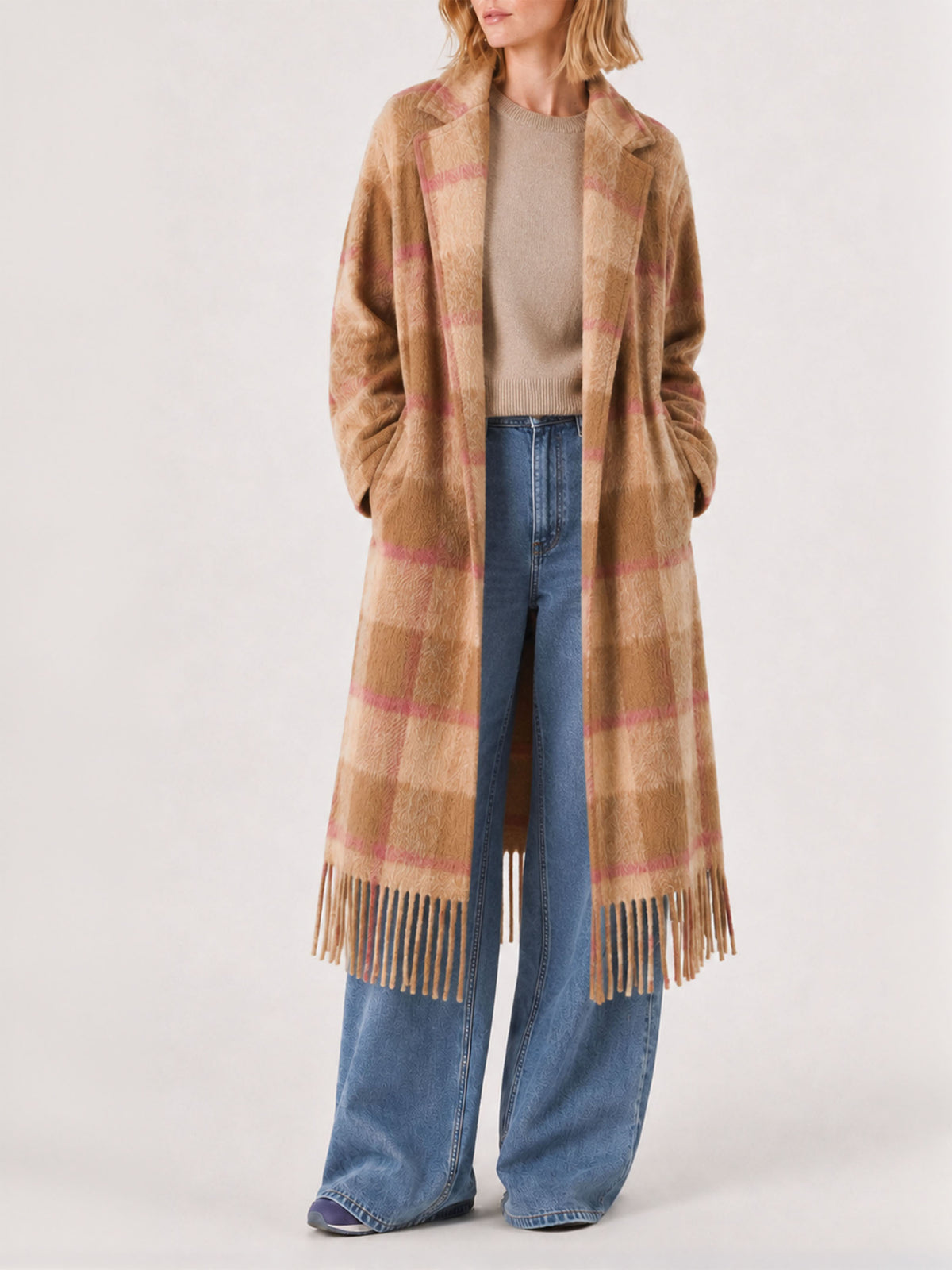 Cappotto lungo Charlot con frange a quadri marrone