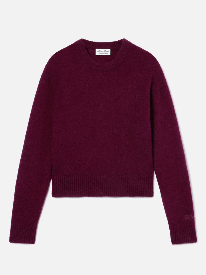 Pull col rond Lucille couleur aubergine en doux mélange de laine d’alpaga avec broderie logo 