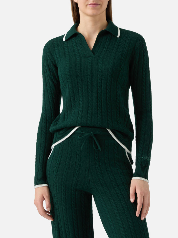 Clichy cable-knit wool polo in British green