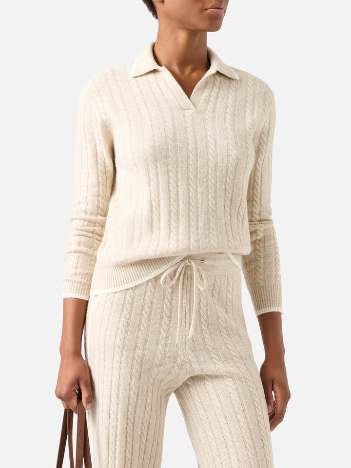 Beige Clichy wool polo collar knit with pointelle stitch