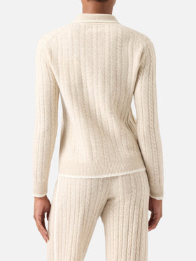 Polo de punto en lana Beige Clichy con cuello polo y puntada pointelle 