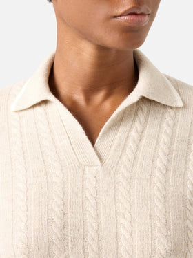 Polo de punto en lana Beige Clichy con cuello polo y puntada pointelle 
