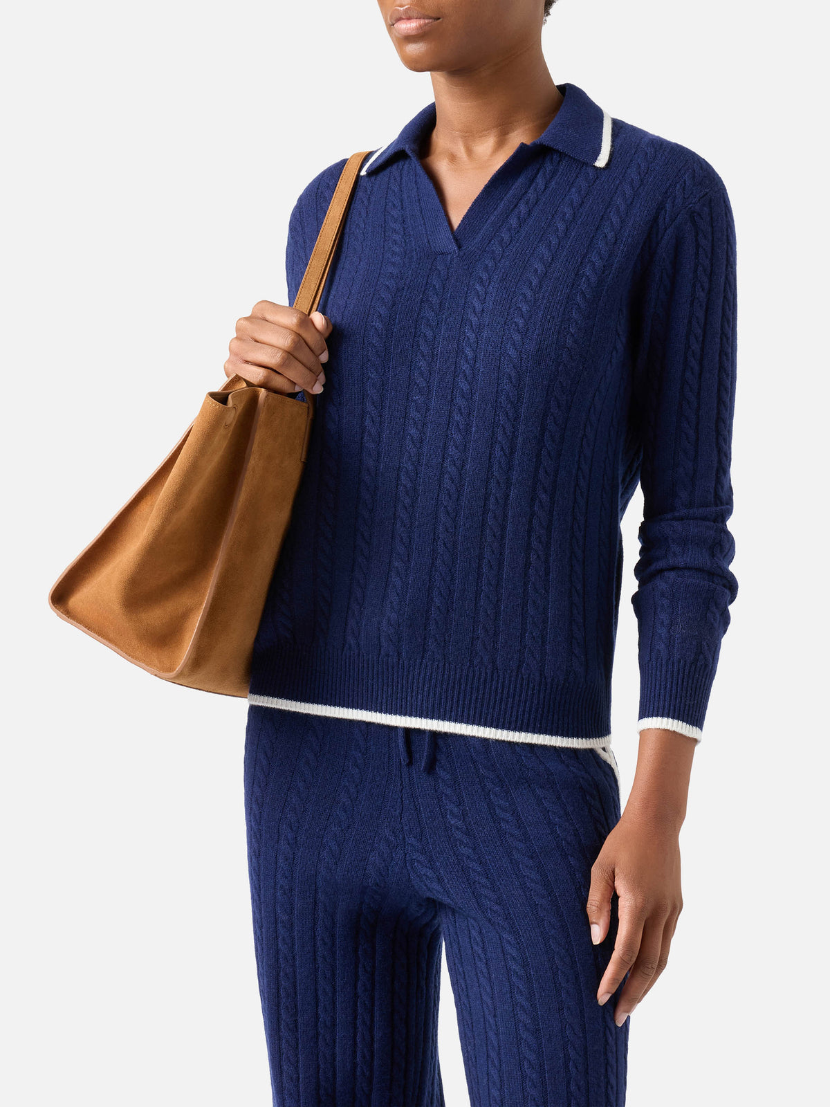 Maglia Clichy blu notte in lana con collo polo e punto pointelle