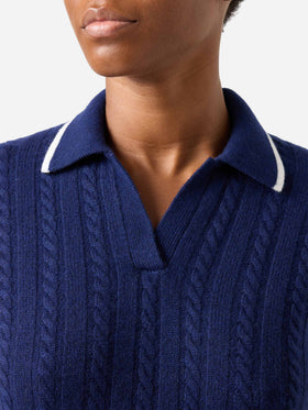Maglia Clichy blu notte in lana con collo polo e punto pointelle
