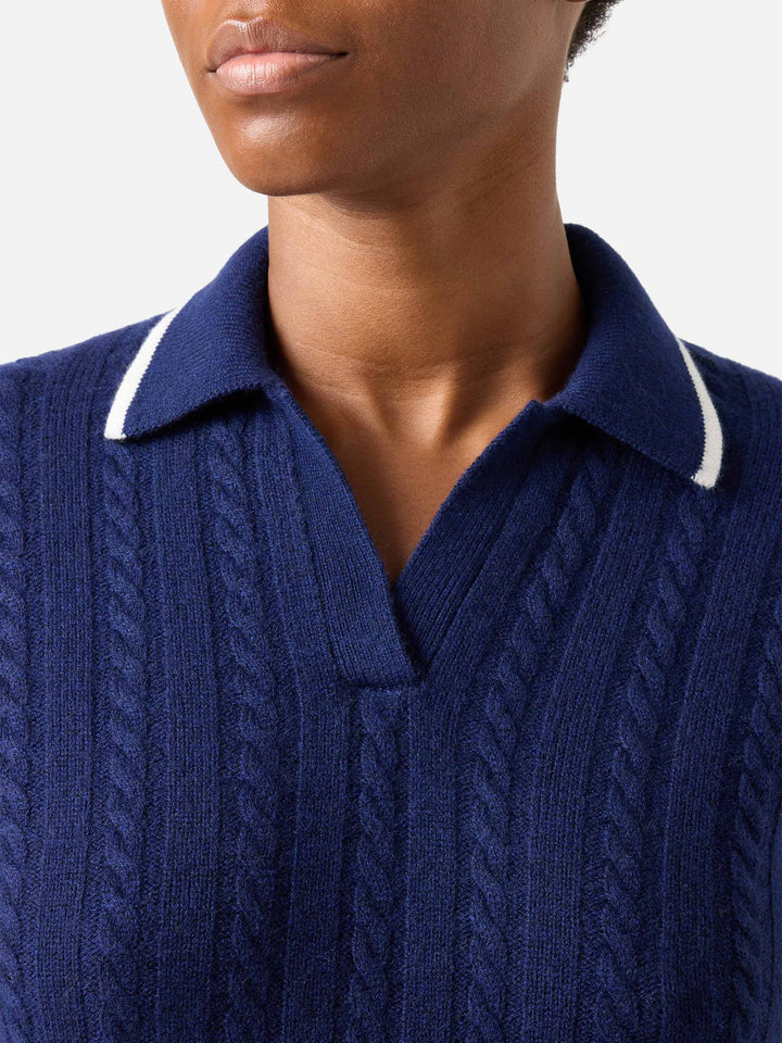 Night blue Clichy wool polo collar knit with pointelle stitch