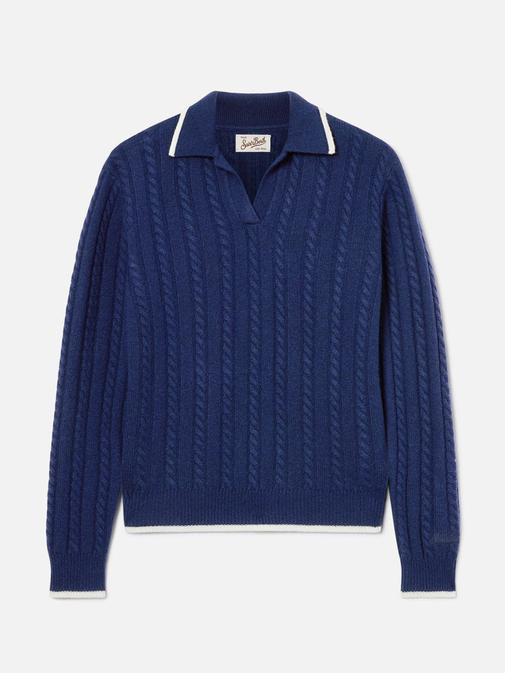 Maglia Clichy blu notte in lana con collo polo e punto pointelle