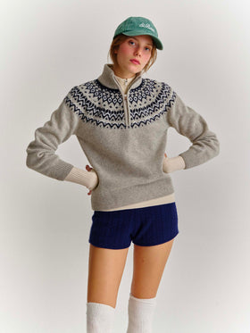 Grey Clyde wool blend half-zip knit with nordic pattern
