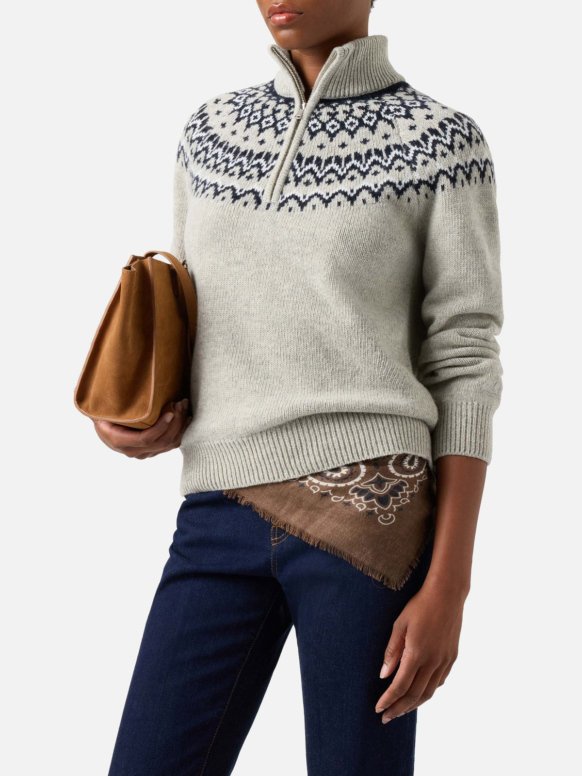 Grey Clyde wool blend half-zip knit with nordic pattern