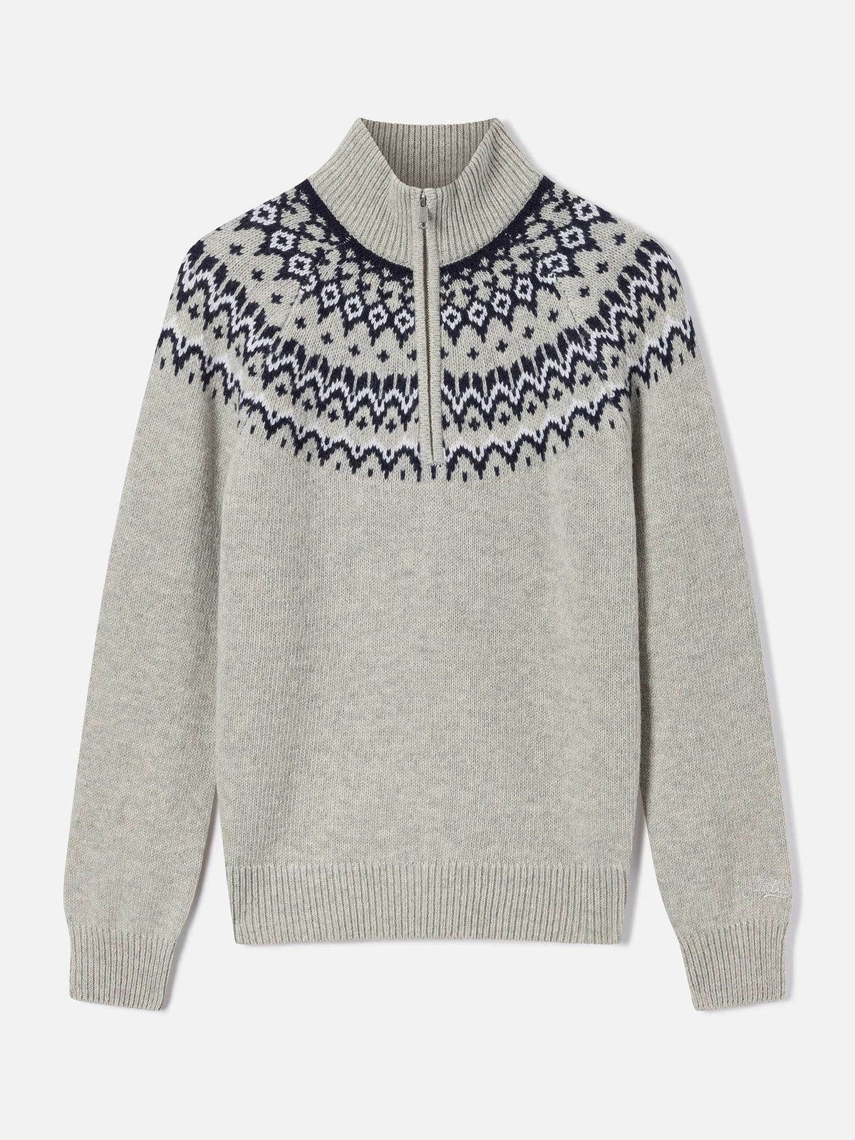 Grauer Clyde Half-Zip-Strick aus Wollmischung mit nordischem Muster 