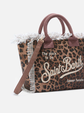 Borsa Vanity regular leopardata in canvas con frange