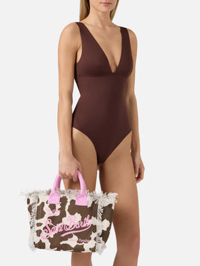 Borsa Colette in canvas con fantasia muccata e dettagli a contrasto