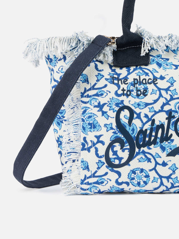 Colette-Handtasche aus Baumwollcanvas mit Indigoblumenmuster