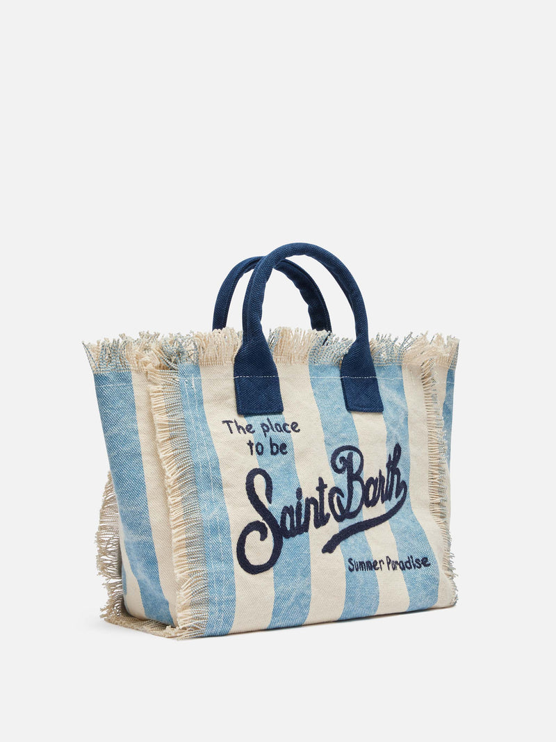 Handtasche Colette aus Baumwollcanvas mit hellblauem Streifenmuster