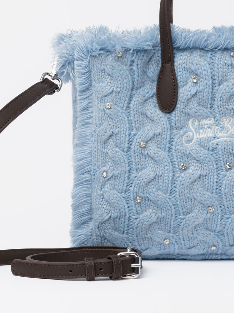 Light blue cable knit Colette handbag with rhinestones embellishment