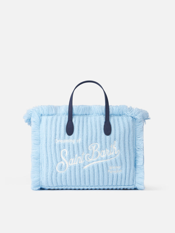 Hellblaue Colette-Handtasche aus Rippenstrick mit Logo-Stickerei