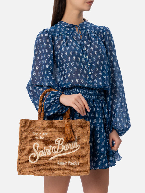 Natural camel Colette Raffia handbag with embroidery
