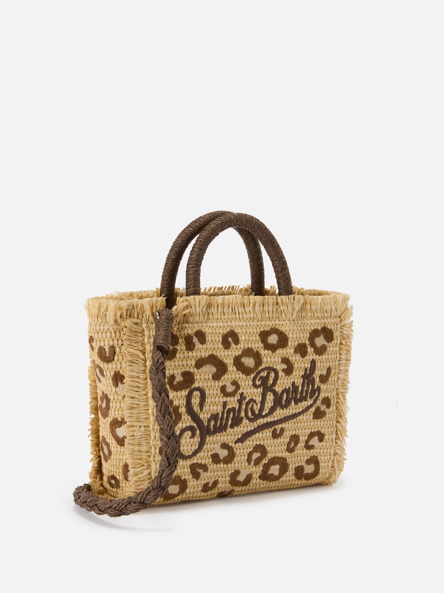 Borsa Colette in tessuto effetto paglia con ricamo leopardato