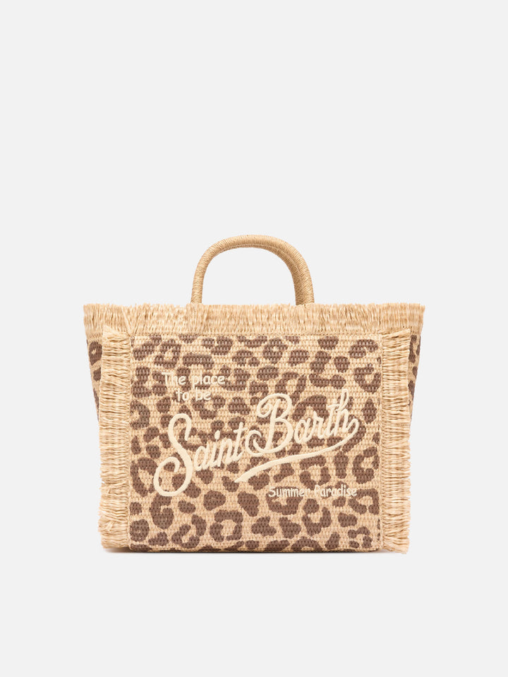 Borsa Colette in tessuto effetto paglia con ricamo leopardato