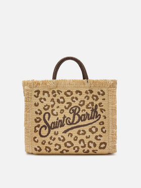 Borsa Colette in tessuto effetto paglia con ricamo leopardato