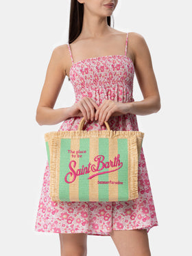 Borsa a mano Colette in paglia a righe verde acqua con ricami