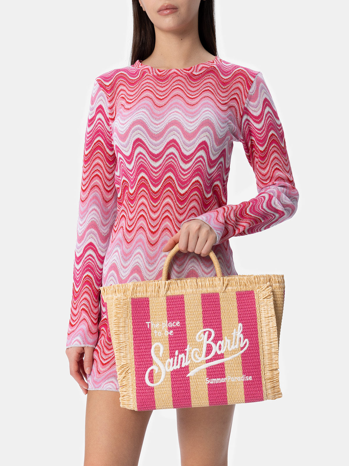 Borsa a mano Colette in paglia a righe fucsia con ricami