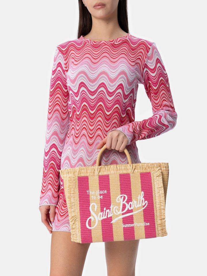 Borsa a mano Colette in paglia a righe fucsia con ricami