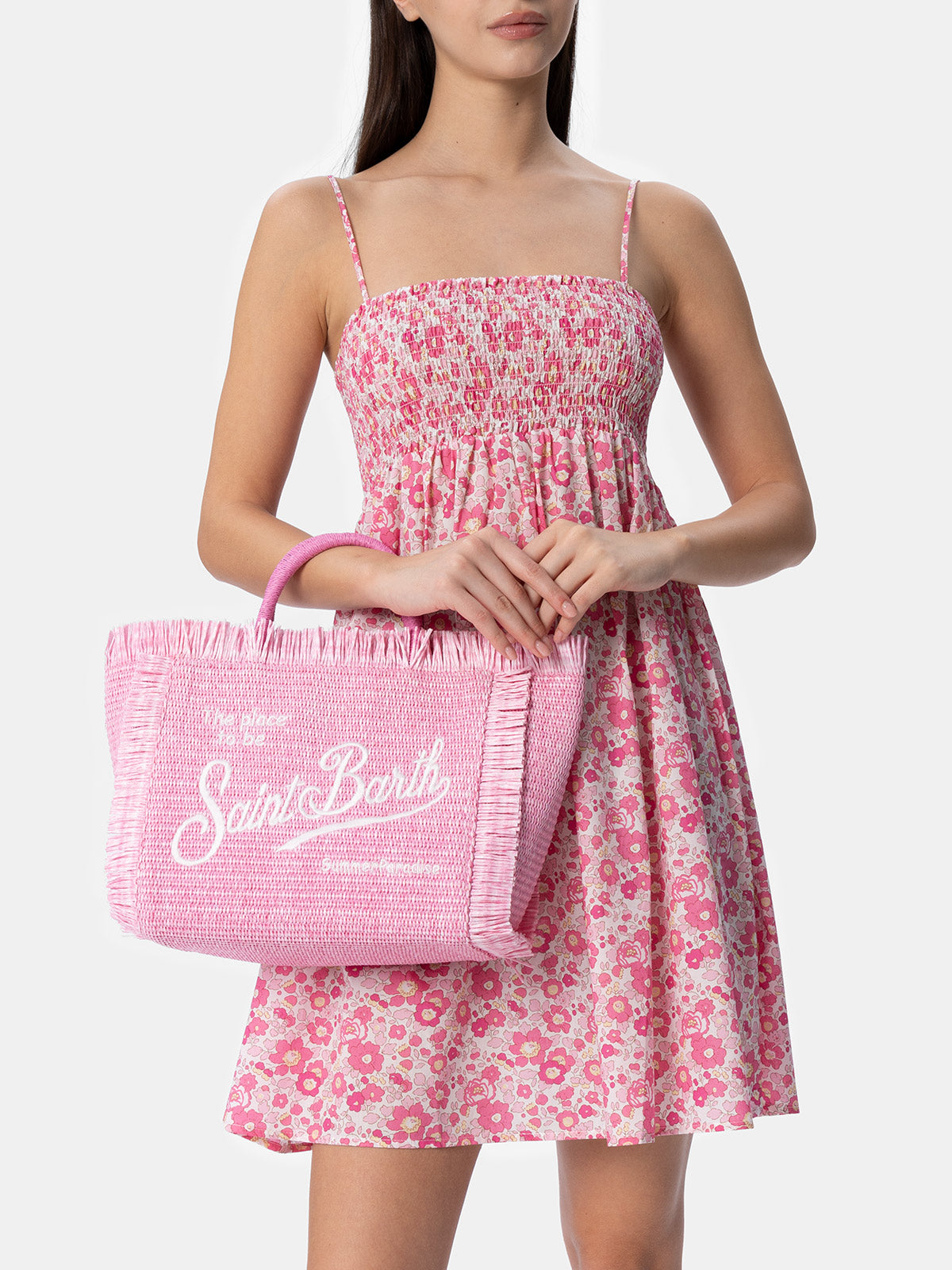 Borsa a mano Colette in paglia rosa con ricami