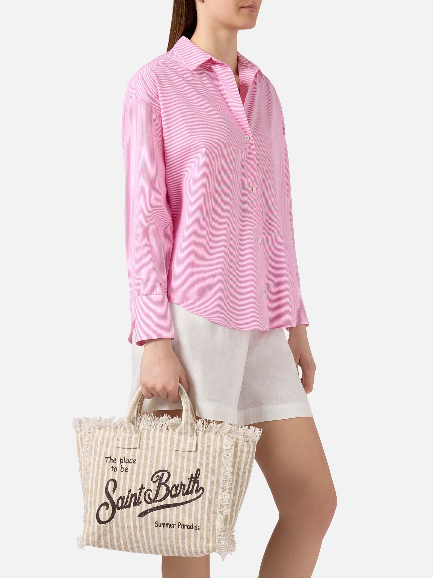 Borsa Colette in lino a righe beige e bianche