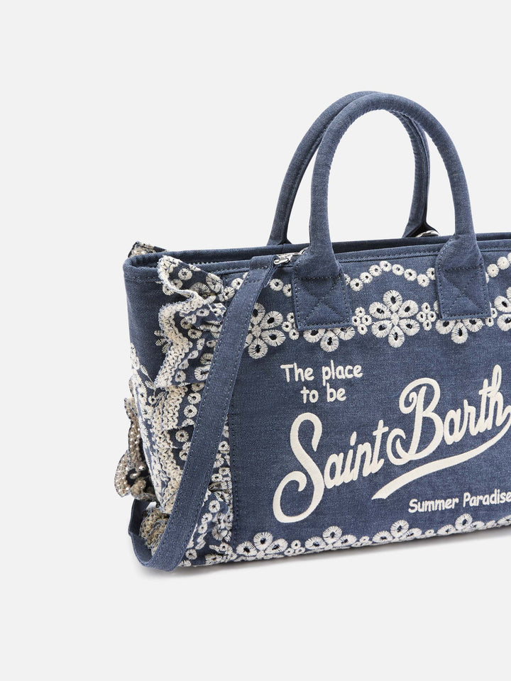 Colette Volant Tasche aus Dark-Wash-Denim mit dekorativer Stickerei 