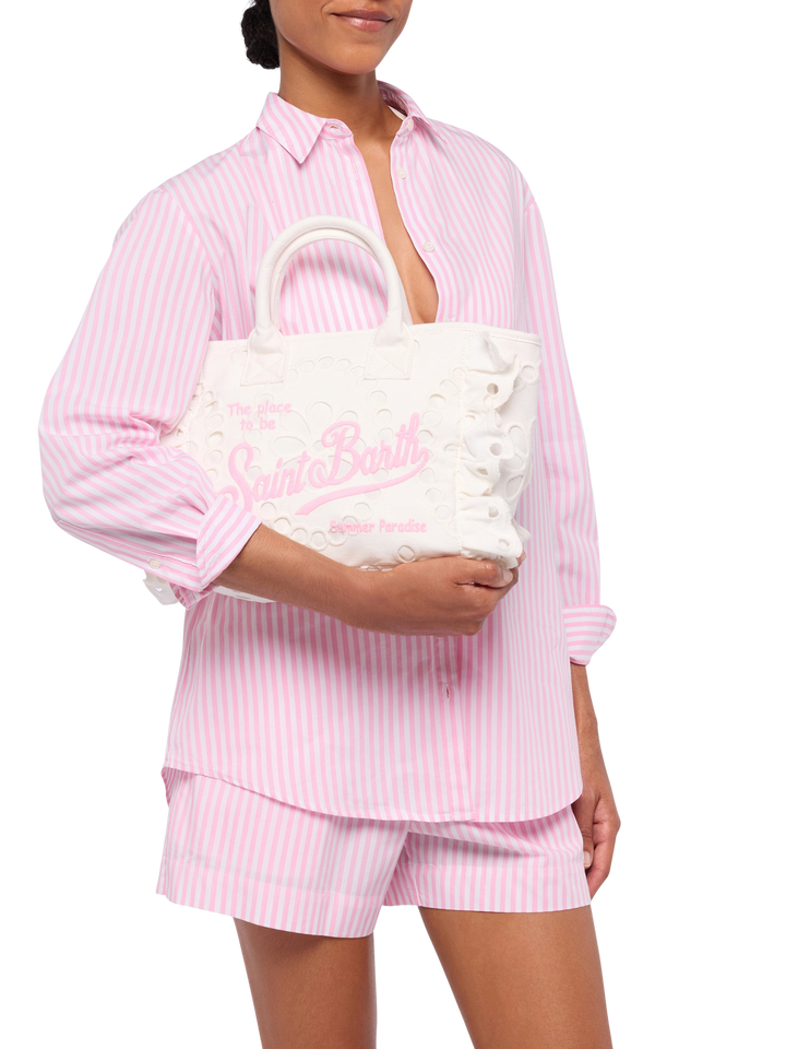 Colette white handbag in Sangallo cotton lace with flounce