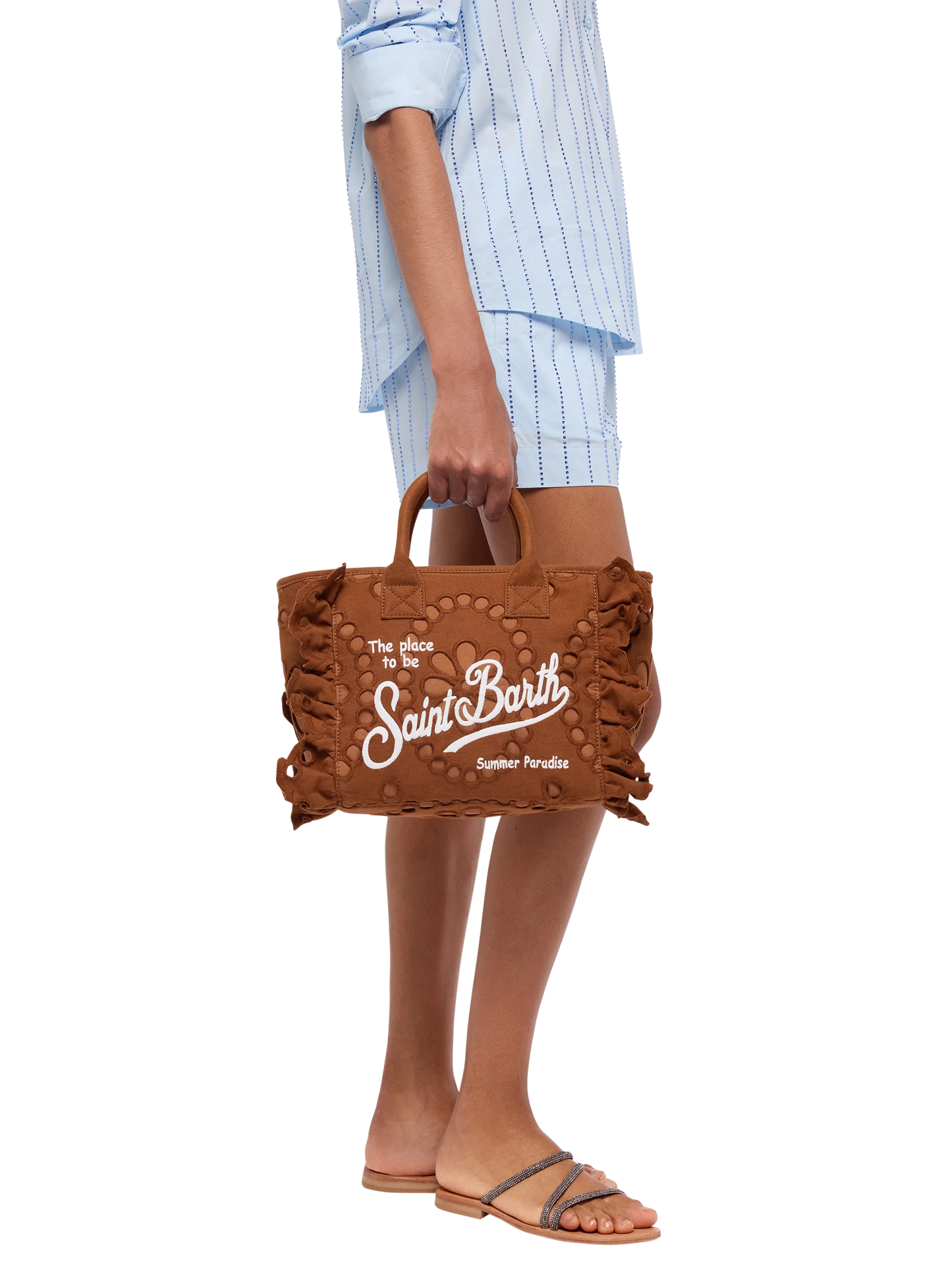Handtasche Colette in Kamelbraun aus Sangallo-Baumwollspitze mit Volant