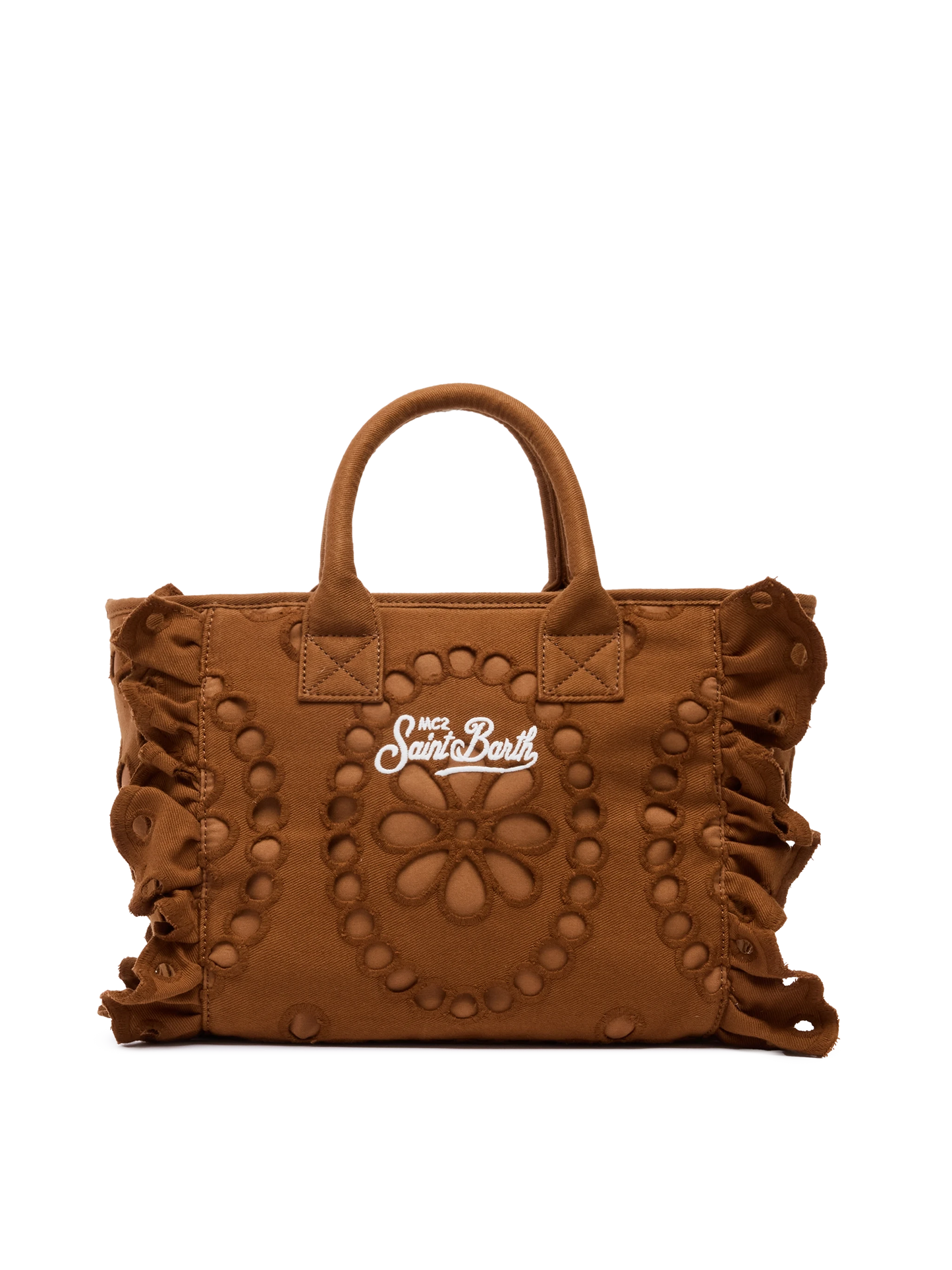 Colette camel brown handbag in Sangallo cotton lace with flounce - MC2 Saint Barth