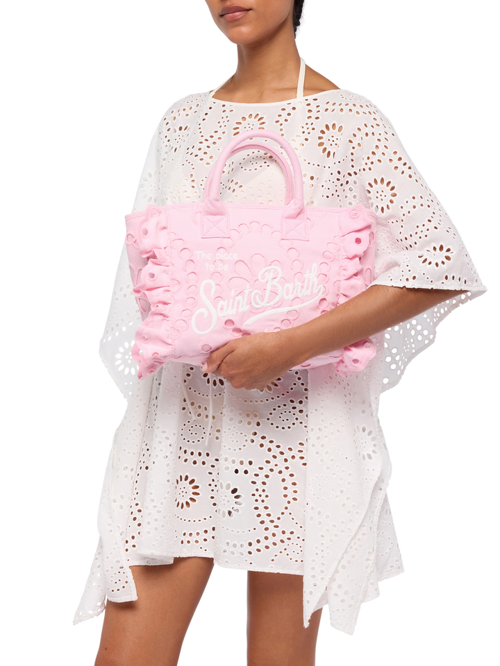 Colette pink handbag in Sangallo cotton lace with flounce