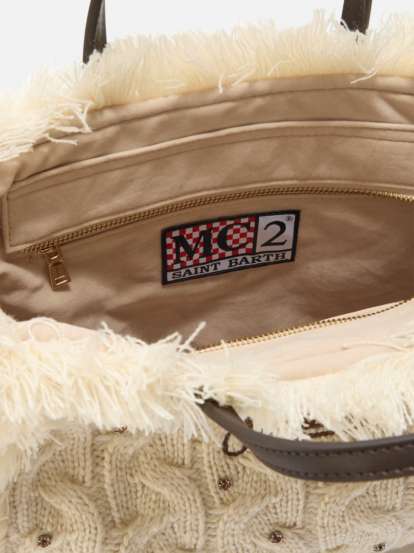 Borsa a mano Colette Wool Braid a trecce bianca con strass