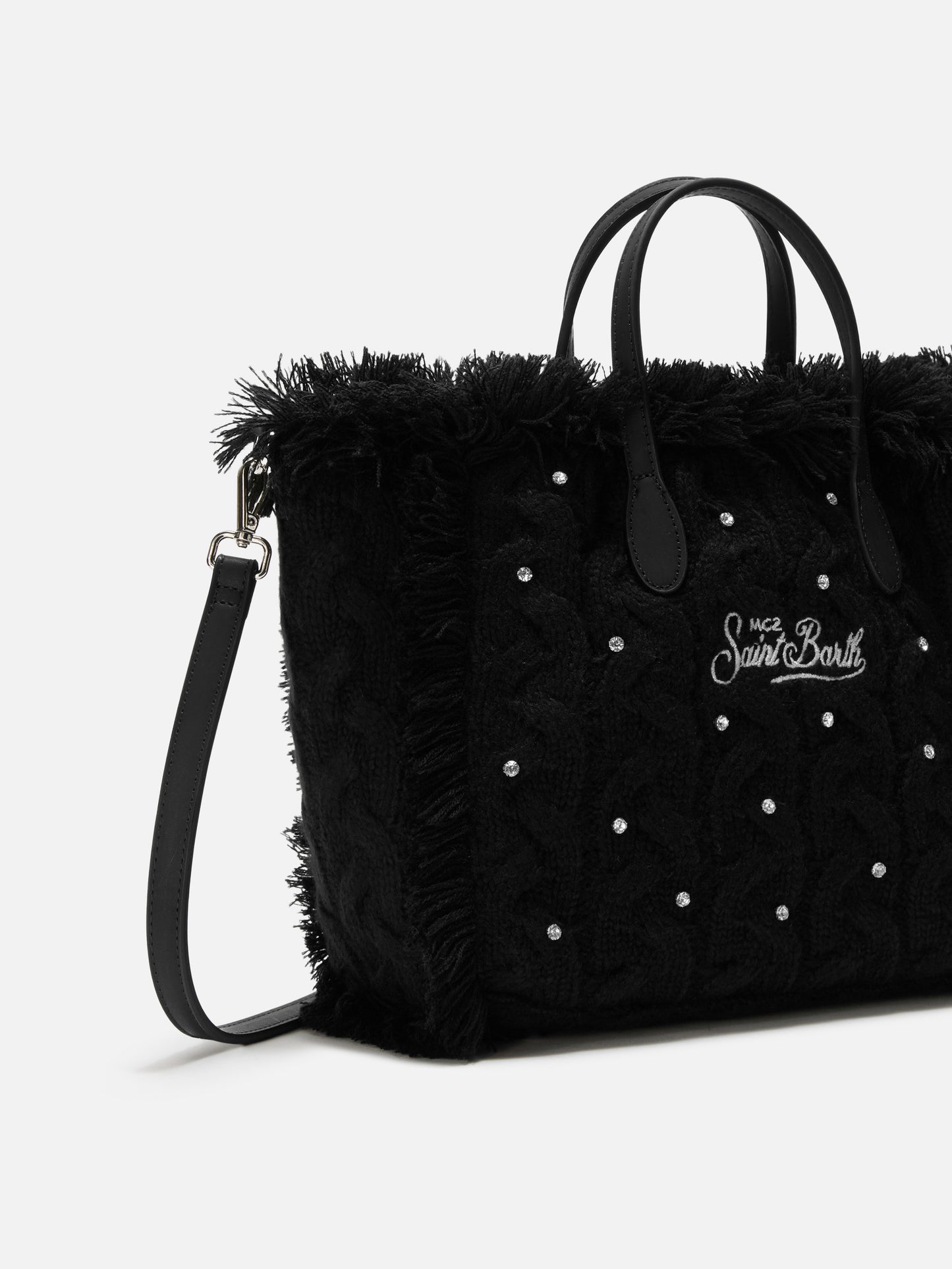 Colette Wool Braid Handbag in black braided wool blend with rhinestones
