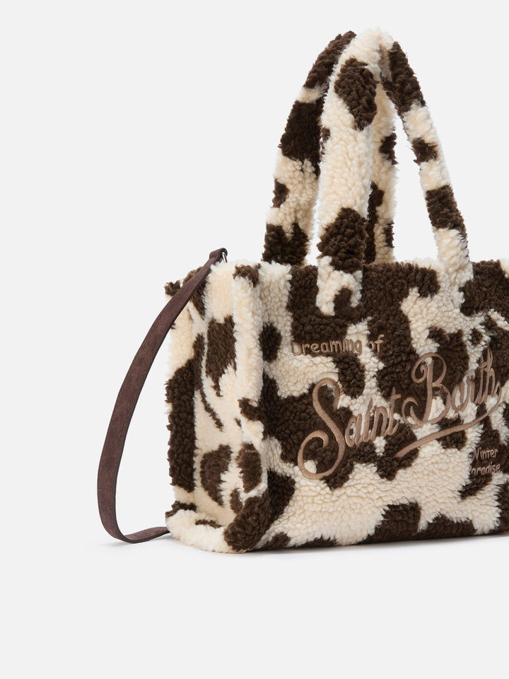 Colette Teddy Handbag in cow-print sherpa