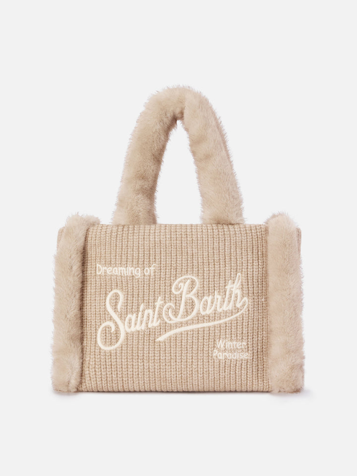 Bolso de mano beige de faux shearling acanalado Colette con bordado del logo 