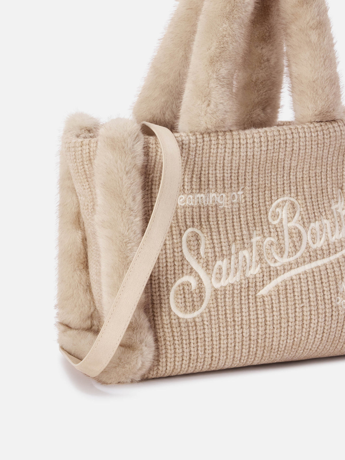 Beige gerippte Handtasche aus Faux-Shearling mit Logo-Stickerei Colette 