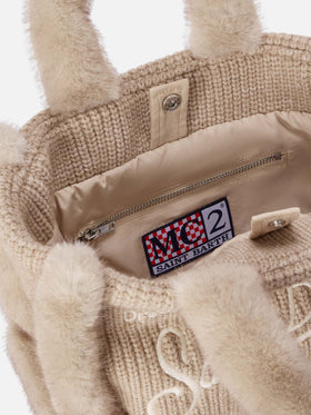 Beige gerippte Handtasche aus Faux-Shearling mit Logo-Stickerei Colette 