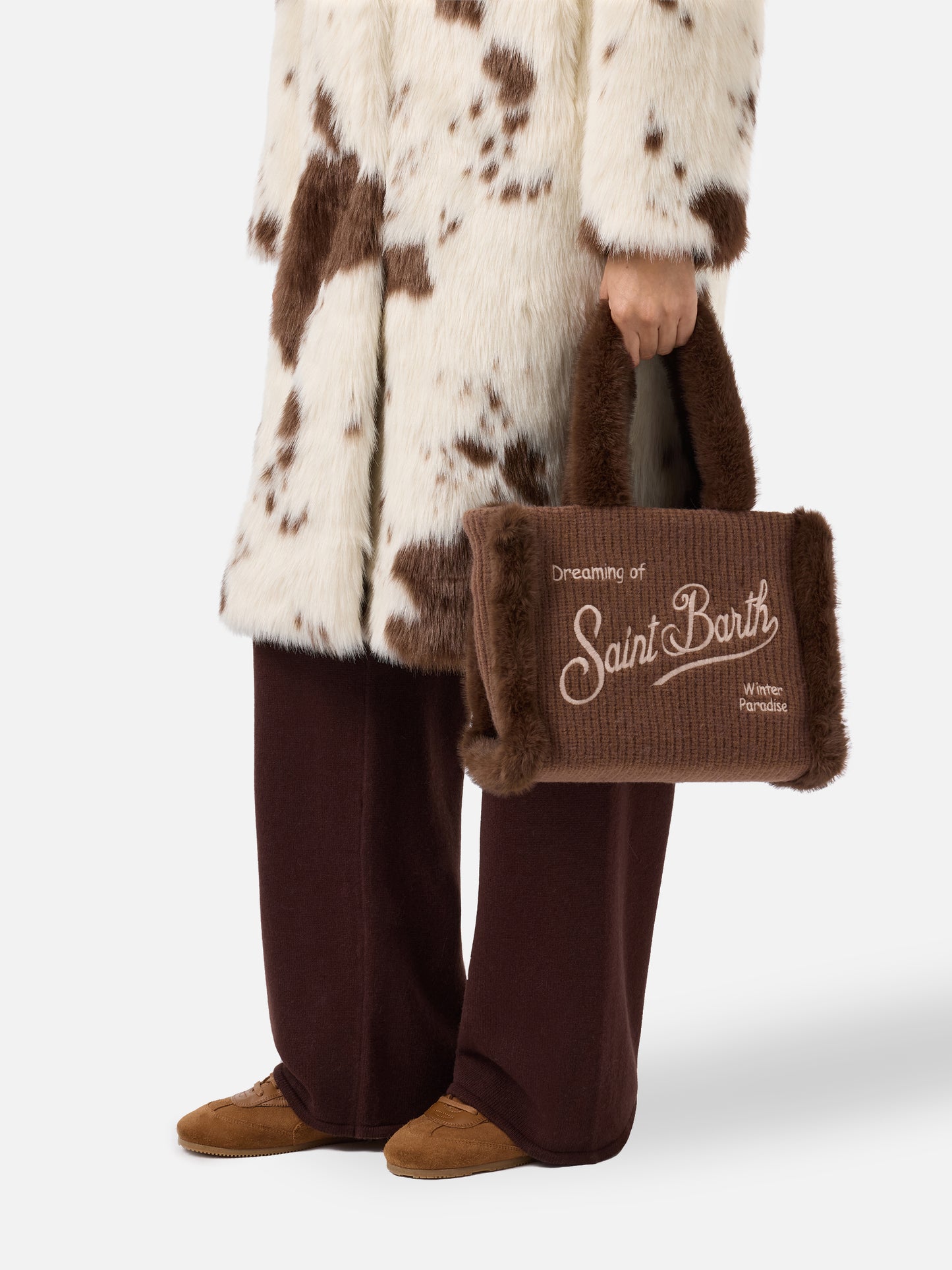 Colette Shearling Rib Handbag in ribbed brown wool blend and shearling