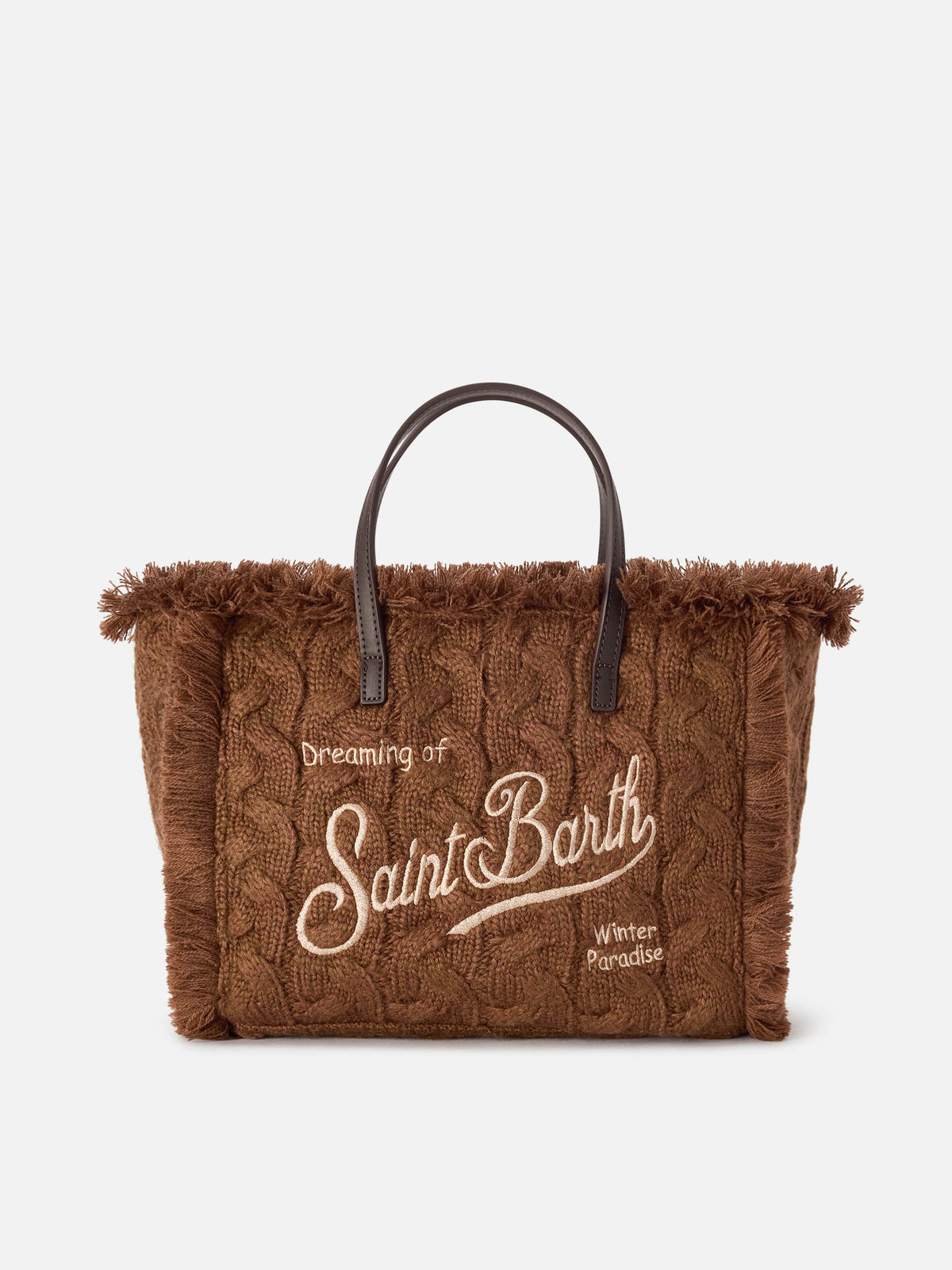 Sac Colette marron avec motif maille torsadée et broderie en lurex 