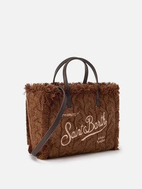 Sac Colette marron avec motif maille torsadée et broderie en lurex 