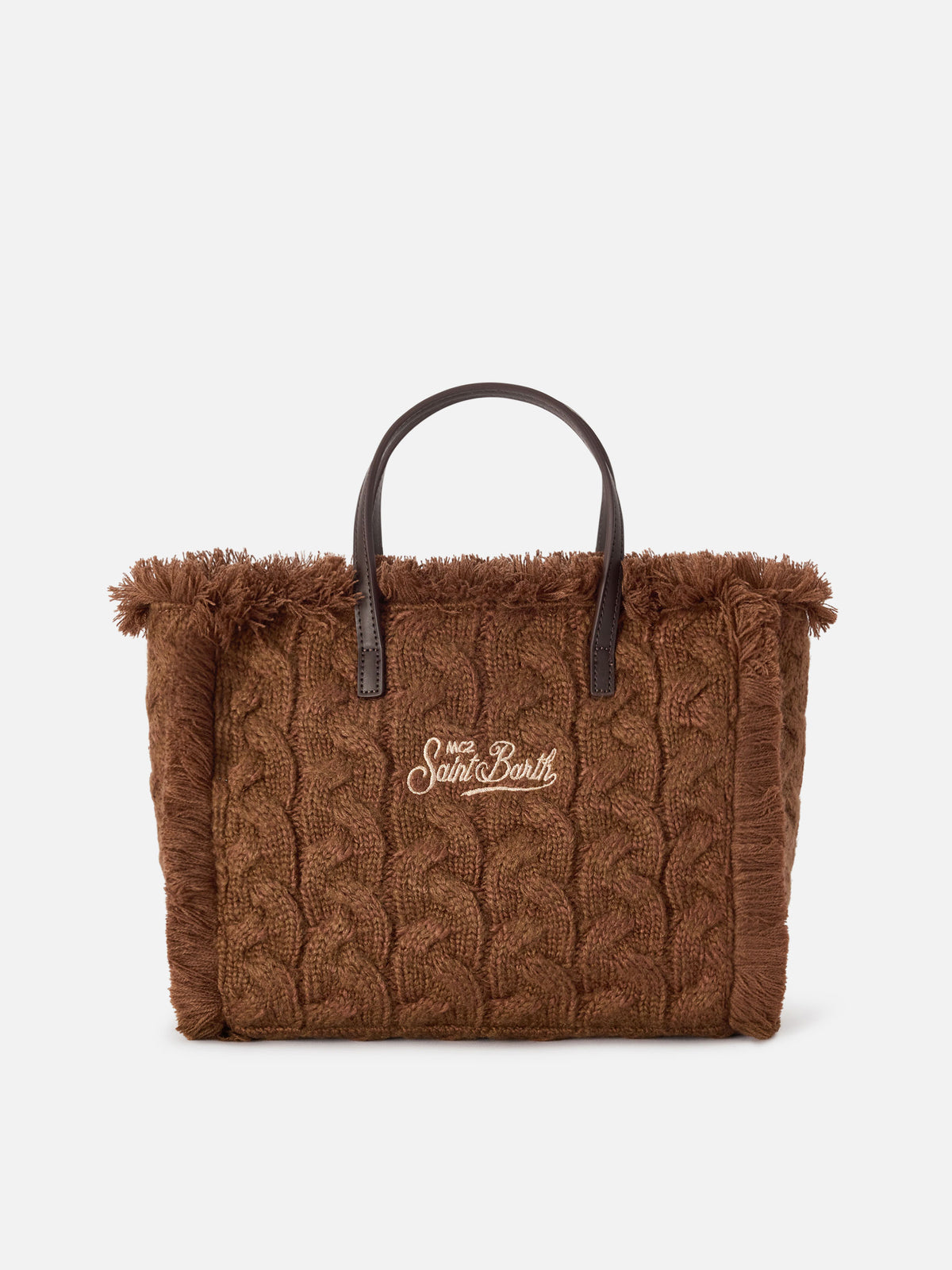 Sac Colette marron avec motif maille torsadée et broderie en lurex 